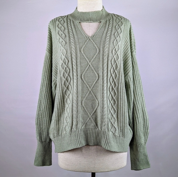 Steve Madden Sweater Cable Knit Mock Neck Blouson Sleeve Desert Sage XL NWT - Picture 1 of 11
